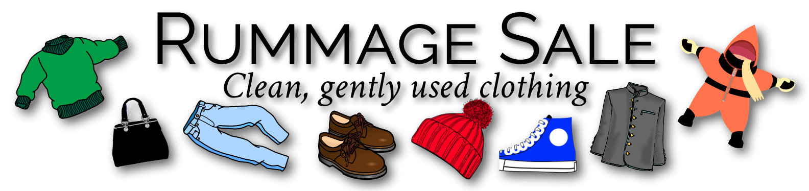 Rummage sale for gently used clothing showing shirts, pants, shoes, hats and jackets